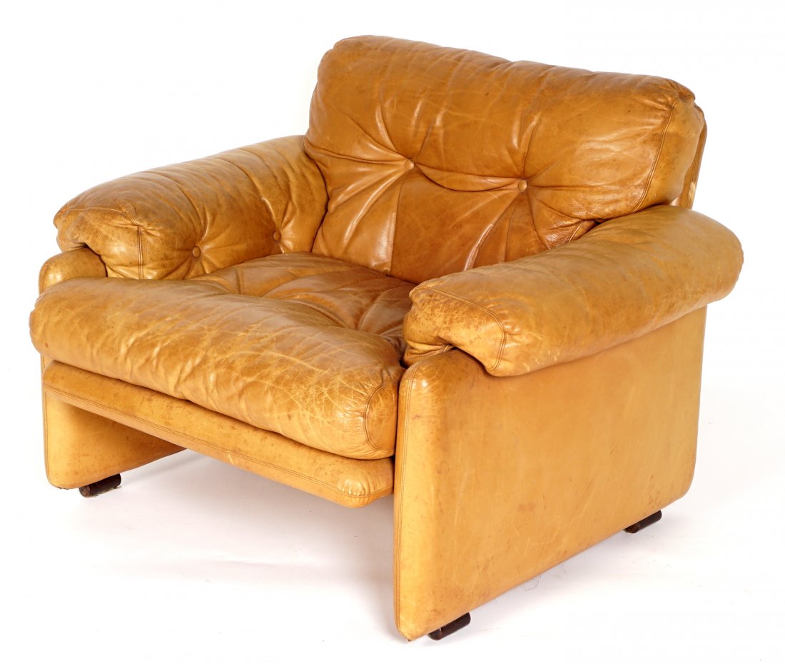 Tobia Scarpa for C & B Italia Leather Lounge Chair: Designed by Tobia Scarpa for C & B Italia, from the Coronado series, tan leather lounge chair, original tags, overall measures 29" h. x 40" x 35". Condition: Wear and signs of use.