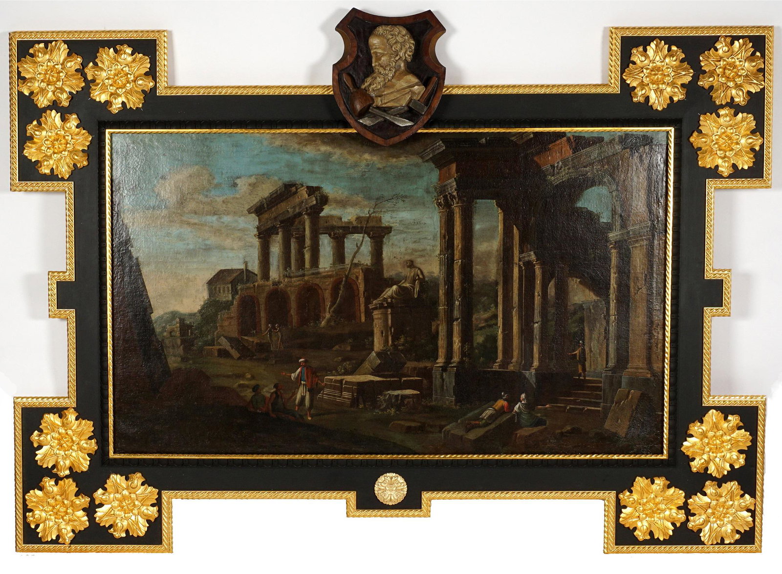Large Italian Old Master Neoclassical Ruins: Antique Old Master school depiction of neoclassical ruins with Turkish figures, Oil/Canvas, no visible signature, 36" x 60", ornate contemporary frame with Greek bust 58" h. x 81". Condition: Inpaint.