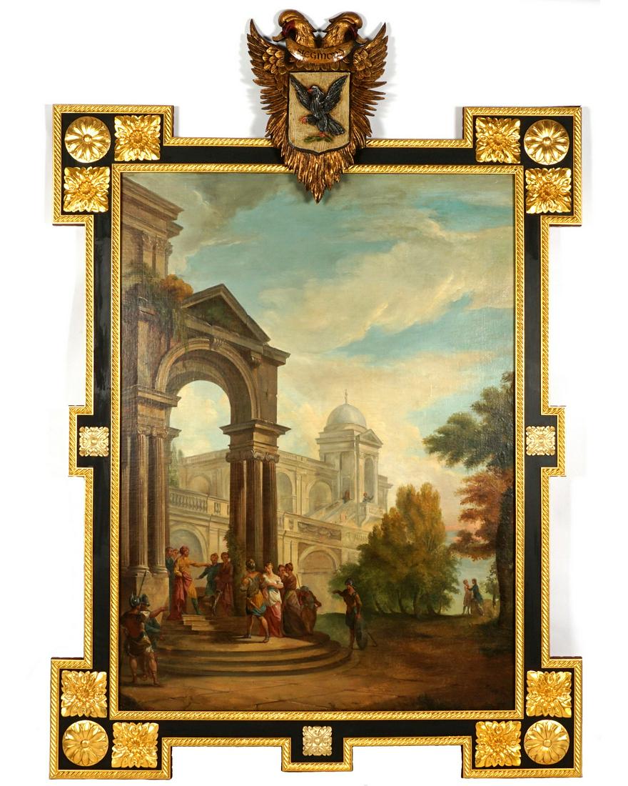 Large Italian The Accusation Neoclassical Painting: Antique Italian school depiction of neoclassical street scene with figures and soldiers, Oil/Canvas laid on board, 65" x 48", contemporary frame with familial crest 90" x 64". Condition: Inpaint, craq