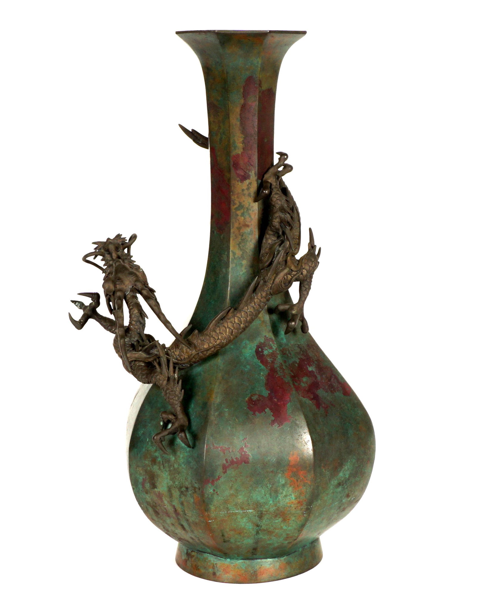 Japanese Patinated Bronze Dragon Vase: 20th Century octagonal bronze vase, flared rim, elongated neck, bulbous body on foot. Applied full figure dragon with removable head, no visible markings, overall 15.75" h. x 8.5". Condition: Uneven f