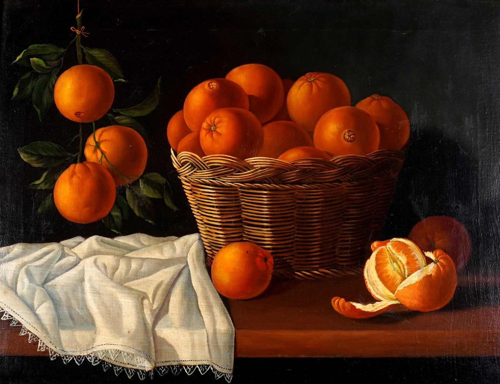 Large 19th Century Still Life Painting of Oranges: Still life of oranges in a basket, hanging from a branch, and handkerchief, Oil/Canvas, no visible signature, 24" x 32", framed 28.5" x 36.5". Condition: Craquelure, stretcher bar wear.