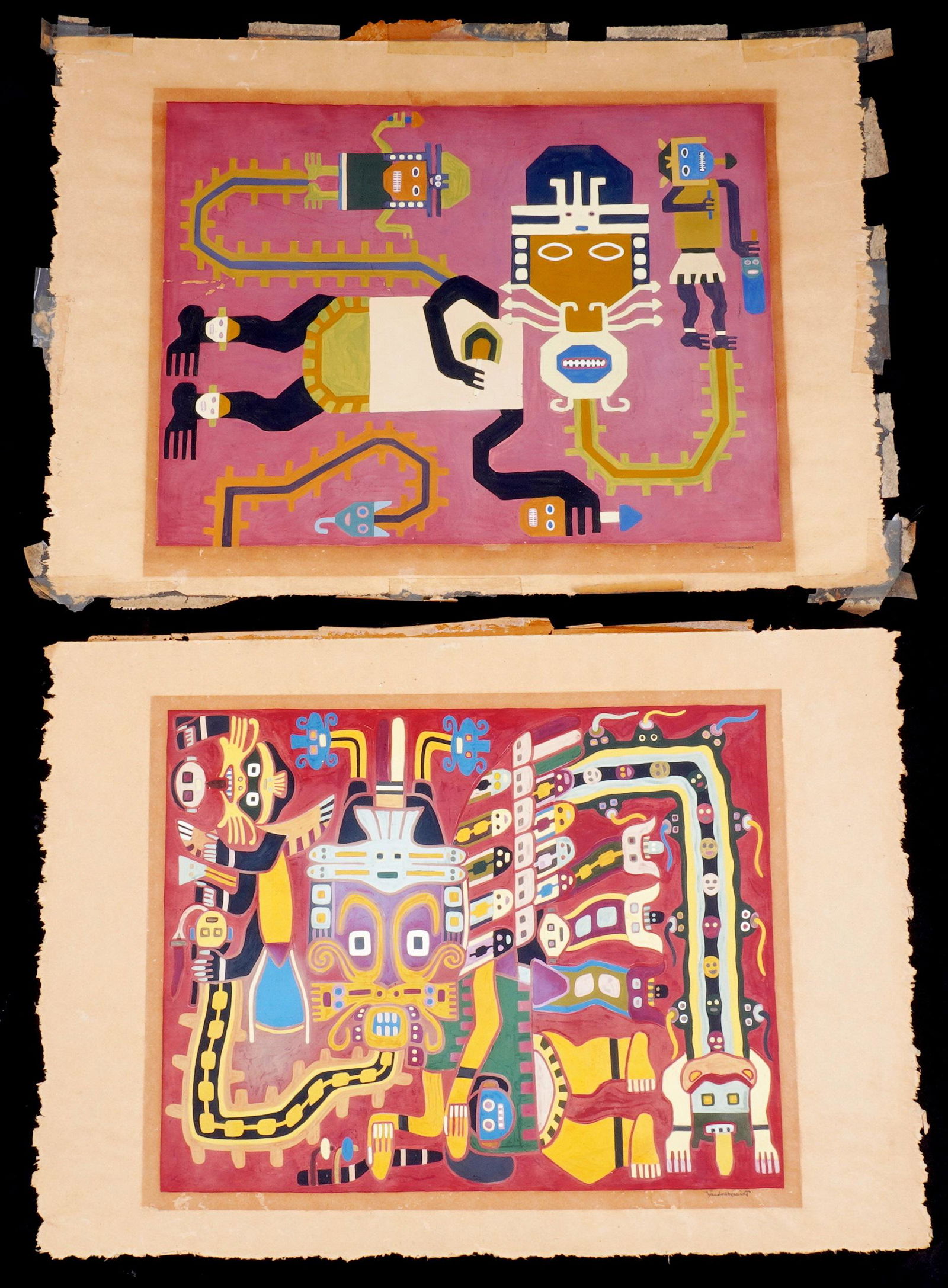 Pair Sandor Bernath Southwest Kachina Gouaches: BERNATH, Sandor, (Hungarian/American, 1892-1984): Two pieces total, each of Southwest Native American Kachina motifs, each signed lower right, image size 10.5" x 13.5", page size 14" x 19.25". Conditi