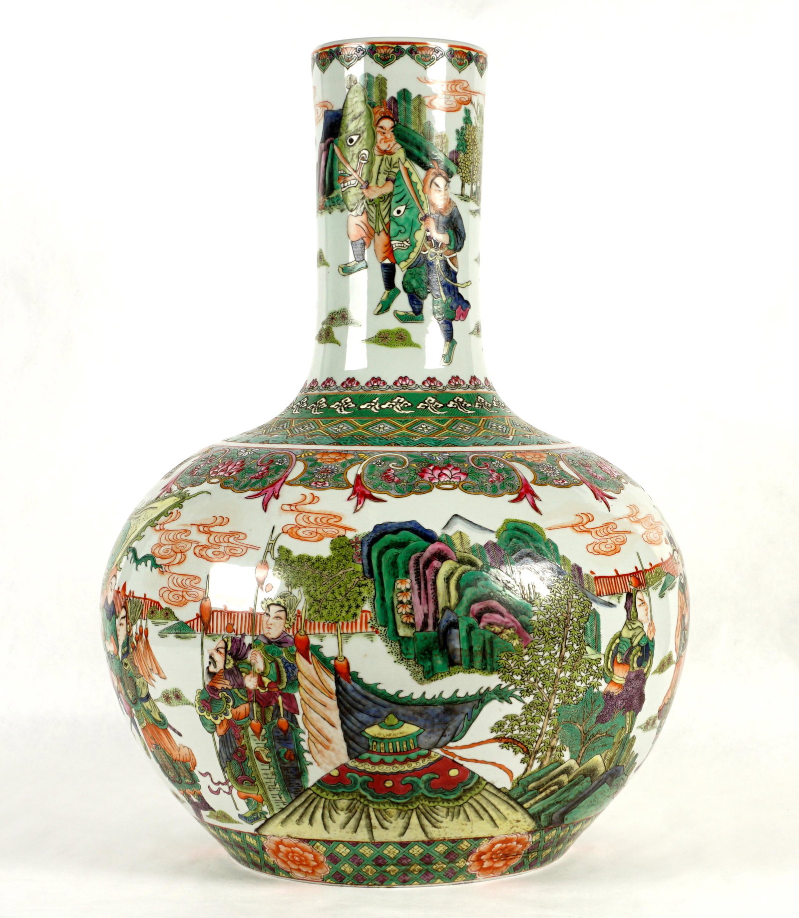 Large Chinese Famille Rose Globular Vase: Globular Tianqiuping form porcelain vase, decorated with royalty, warrior, and processional figures, floral decoration, partial red mark on base. Overall 21.5" h. x 16".