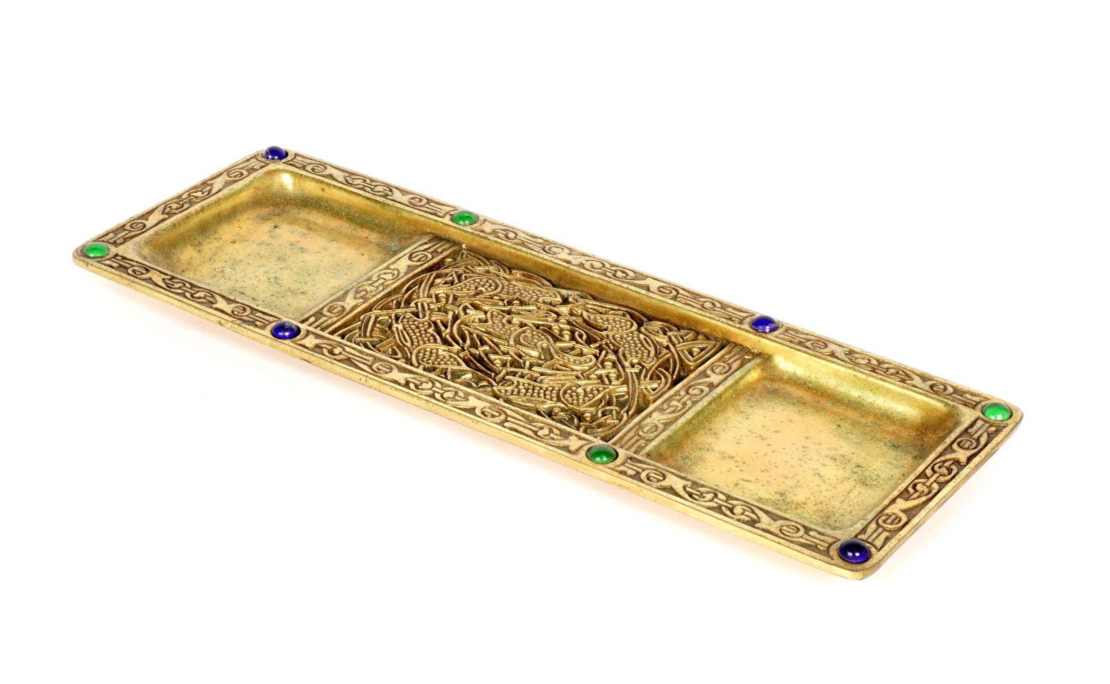 Tiffany Studios 9th Century Gilt Bronze Pen Tray: Gilt bronze pen tray in the Ninth Century pattern by Tiffany Studios, accented with glass jewels, well marked Tiffany Studios, New York, 1626, 9.75" x 3.5". Condition Uneven finish, verdigris.