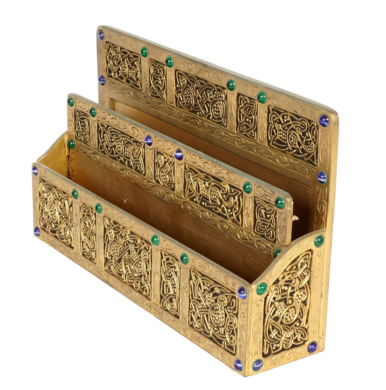Tiffany Studios Bronze 9th Century Letter Rack: Gilt bronze letter rack in the Ninth Century pattern by Tiffany Studios, accented with glass jewels, well marked Tiffany Studios, New York, 1239 and 1625. 5.75" h. x 9.75" x 2.5". Condition Uneven fin
