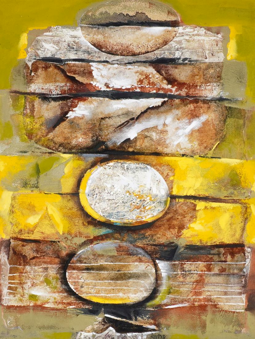 Gopal Adivrekar Indian Abstract Painting: ADIVREKAR, Gopal, (Indian, 1938--2008): Untitled abstract composition with tones of yellows and greens, Oil/Canvas, signed lower center and verso, 39" x 30", framed 46" x 37".