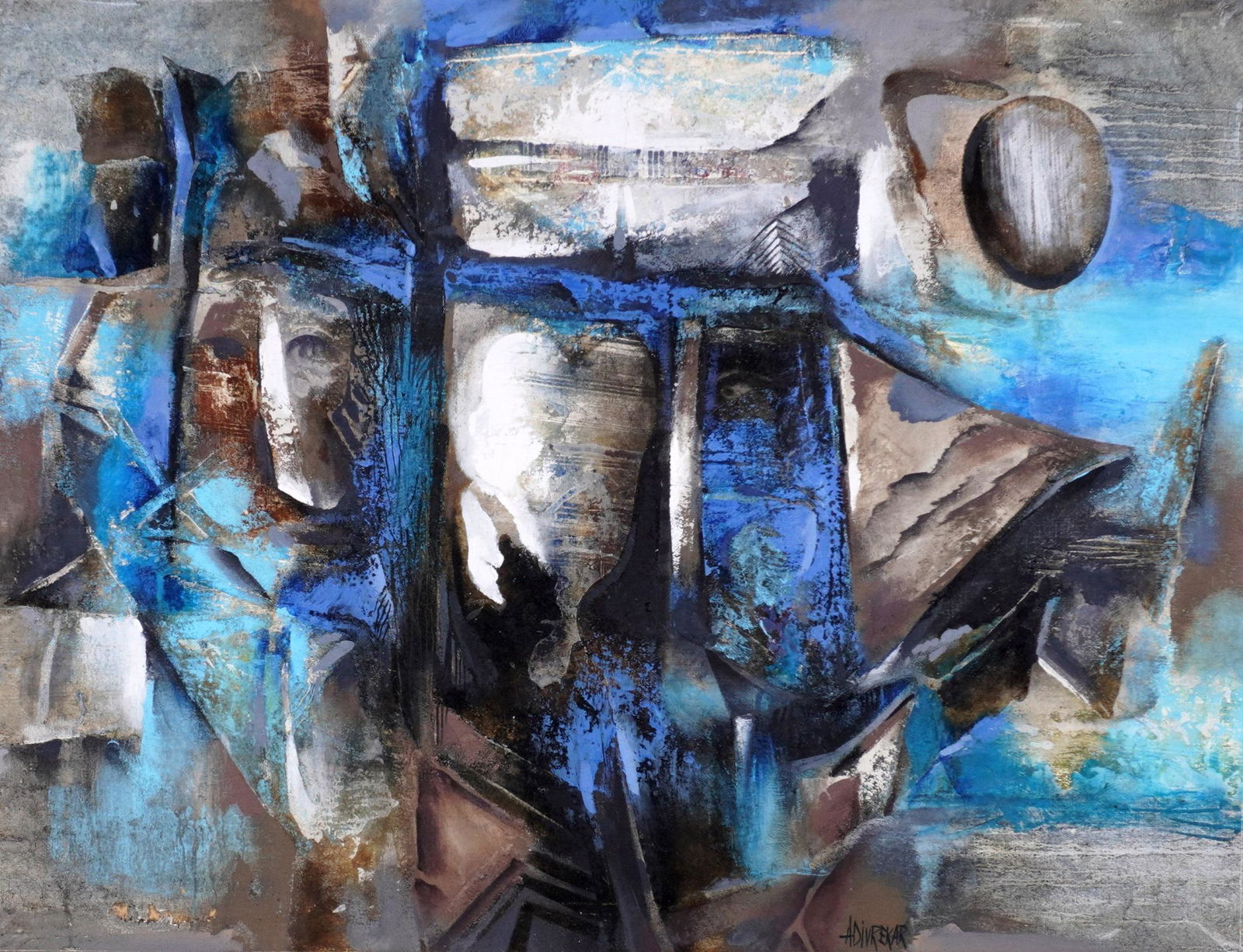 Gopal Adivrekar Indian Abstract Painting: ADEVREKAR, Gopal, (Indian, 1938-2008): Untitled abstract composition with tones of blue and grey, face center left, Oil/Canvas, signed lower right and verso, 30"x 39", framed 37" x 46".
