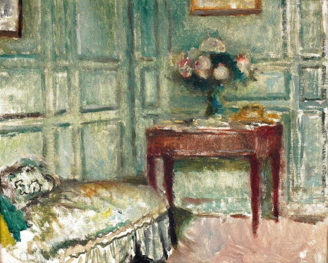 Attrib. Frederick Frieseke Interior Genre Painting: attributed FRIESEKE, Frederick Carl, (American, 1874-1939): Impressionist interior genre scene, Oil/Canvas board, unsigned, partial illegible Paris gallery stamp and Harry Frieseke Framing, Jacksonvil