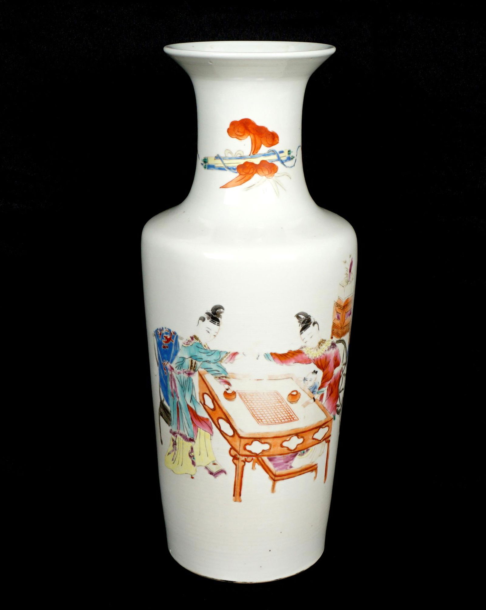 Chinese Porcelain Decorated Baluster Form Vase: Baluster form vase, polychrome enamel decorated with interior genre scene of people playing a board game, scrolls, and foliate motifs. Unmarked, overall 17.5" x 7.5". Condition: Loss of decoration.