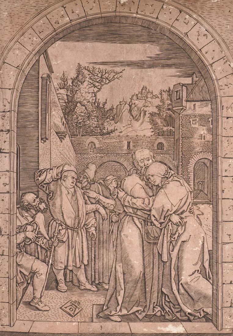 After Albrecht Durer Joachim and Anne Etching: RAIMONDI, Marcantonio, (Italian, 1470-1534): "Joachim and Saint Anne at the Golden Gate" after Albrecht Durer, Etching/Paper, pencil notations on back, 11.25" x 8". Condition: Edge chips, abrasions.