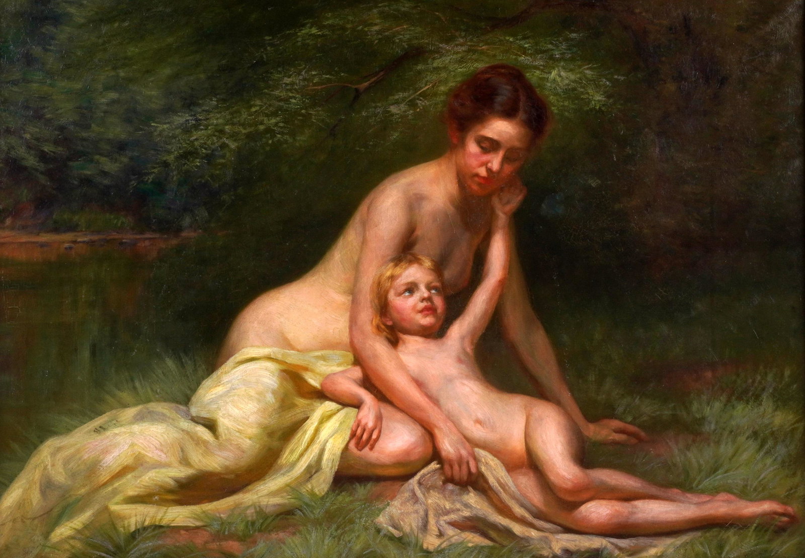 Attrib. Virginie Demont-Breton Woman and Child: attributed DEMONT-BRETON, Virginie, (French, 1859-1935): Figures of a semi nude woman and child sitting in repose in a field by waters edge, Oil/Canvas, no visible signature, R.H. Macy & Co., Herald S