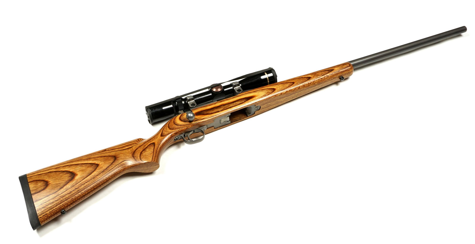 Ruger All Weather 10/22 Bolt Action Rifle w/ Scope: Ruger All Weather 10/22, .22LR caliber 24" barrel, laminated wood stock, Leupold Vari-X III 2.5 x 8 scope, serial number 701-83274. Overall 43.25" long, 13.75 length of pull. Condition: Minor scratche
