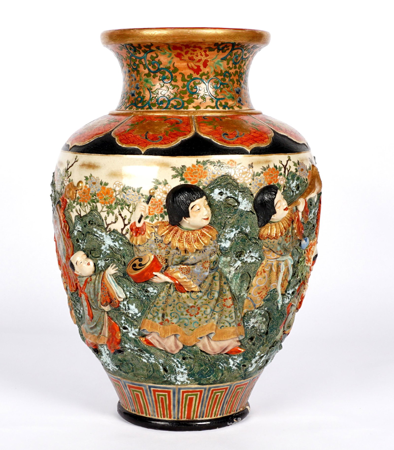 Large Japanese Figural Kutani Vase: Baluster form vase, raised figural procession with musicians and floral designs, unmarked, overall 13.5" h. x 9.5". Condition: Several crack repairs to body, chips at base.
