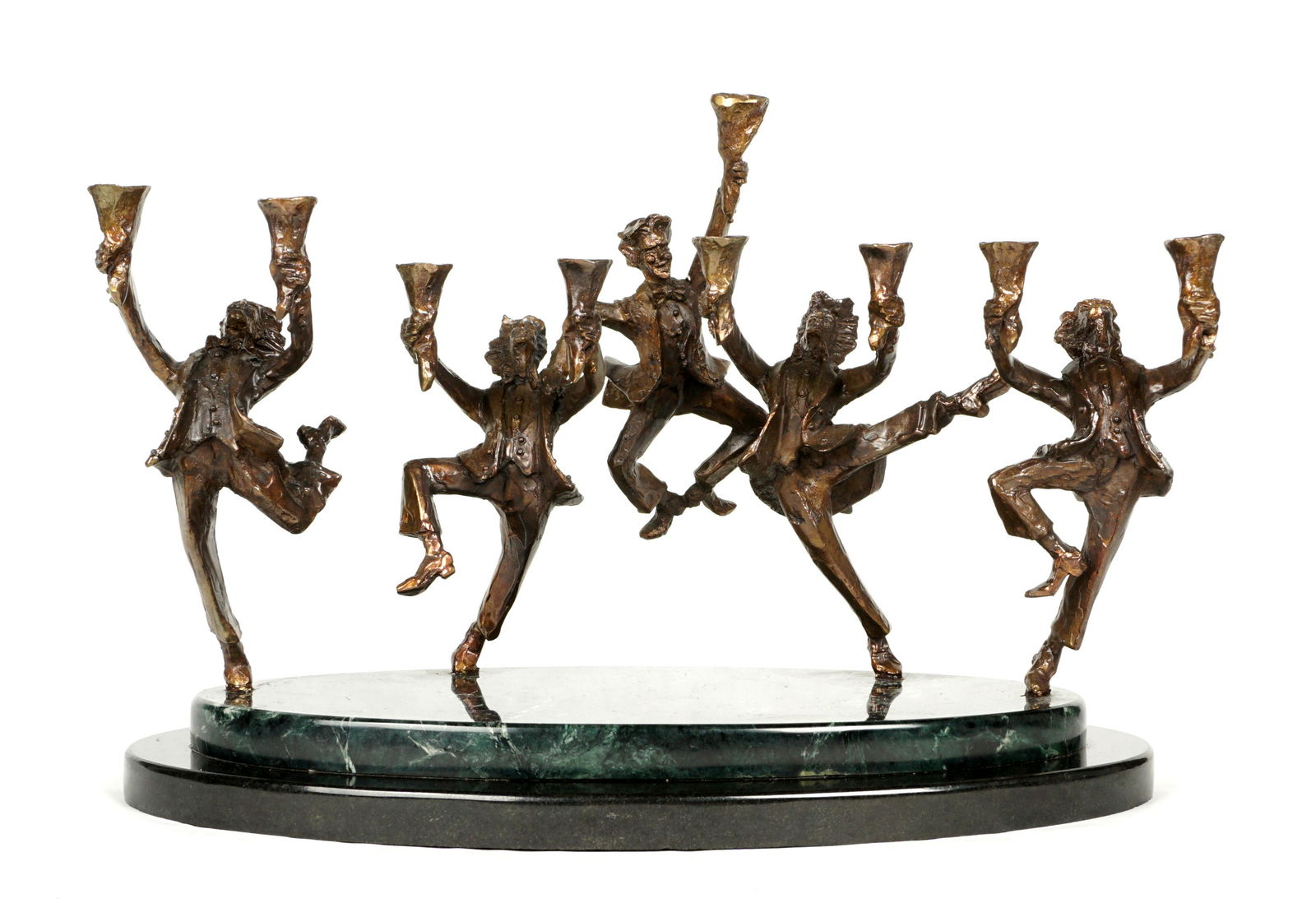 Zachary Oxman Festival of Light Bronze Menorah: OXMAN, Zachary, (American, 20th/21st Century): "Festival of Light" figural menorah of five leaping men in tailcoats, affixed to marble plinth, 11" h. x 16" x 9.5". Condition: Small chips to marble.