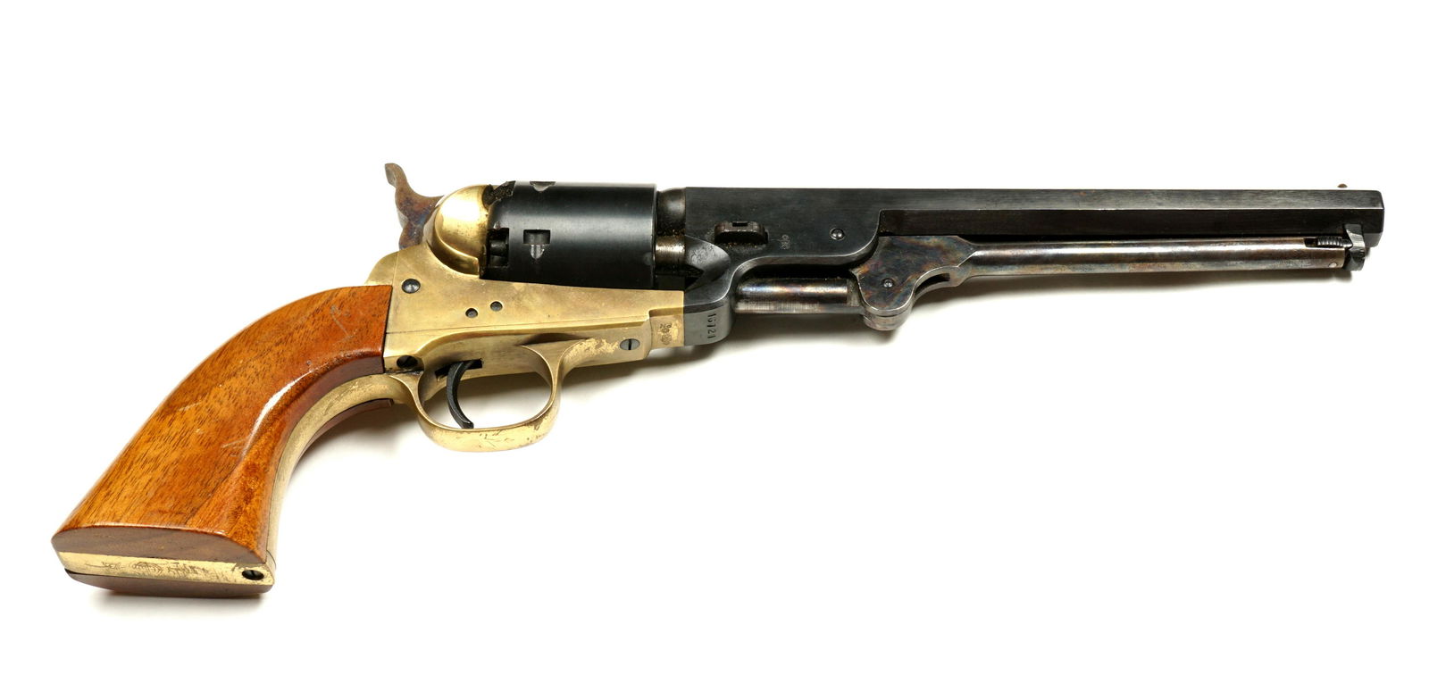 Italian Replica 1851 Colt Navy Revolver: Italian copy of a1851 Colt Navy revolver, .36 caliber blued octagon 7.25" barrel, six shot cap and ball serial number 16721. Overall 12.5". Condition: Minor scratches to grip, wear to frame, scratches