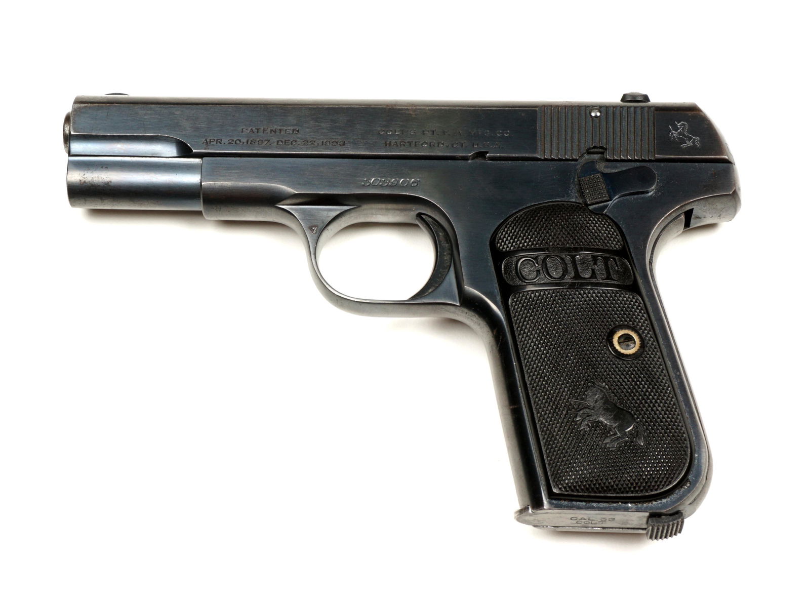 Colt Hammerless Model 1903 .32 Semi Auto Pistol: Model 1903 with blued frame, .32 caliber rimless 3.5" barrel, hard rubber grips, serial number 303908, dates to 1919. Overall 6.5". Condition: Wear to finish. Clean and bright bore. Ships to FFL or C&