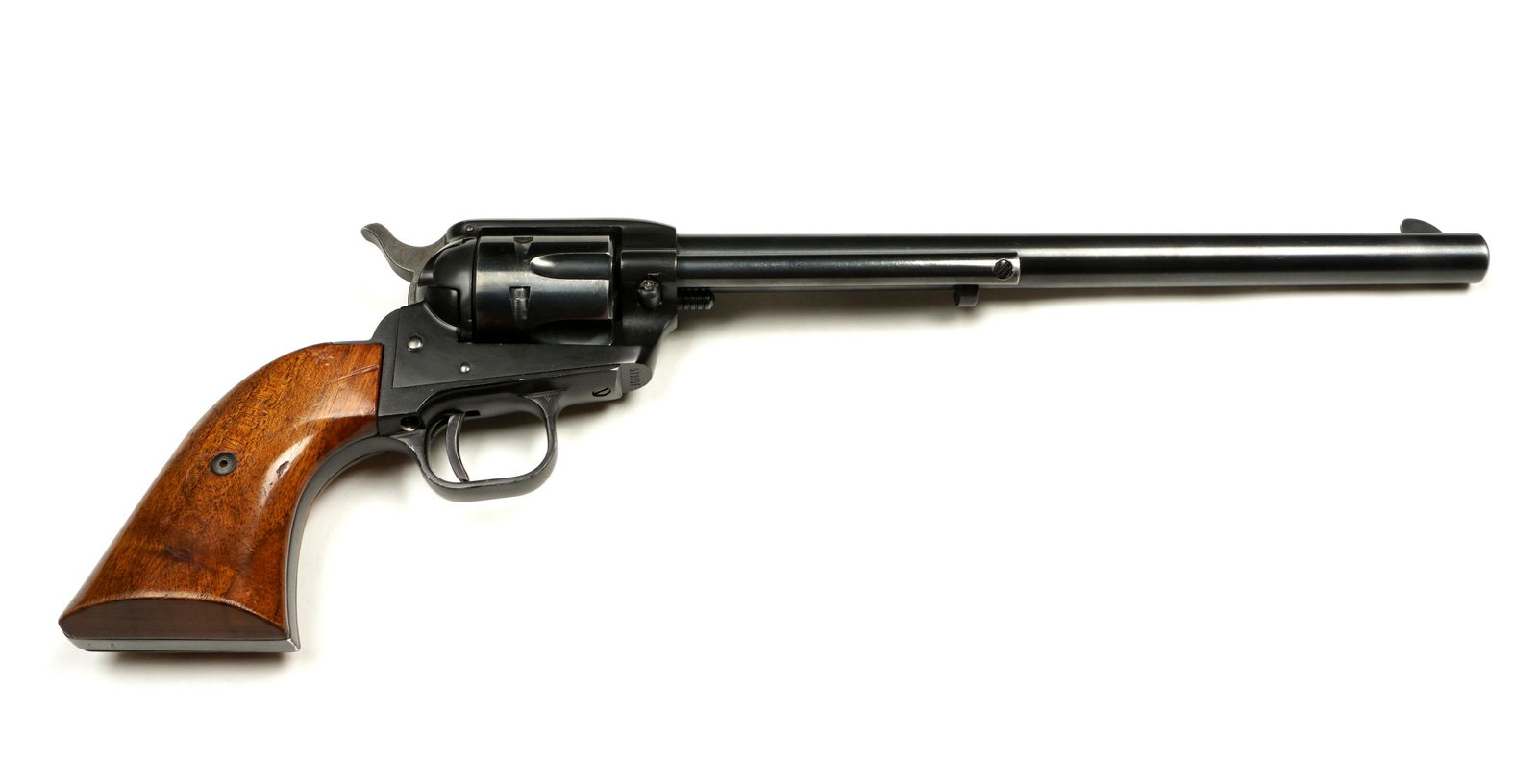 Colt Single Action Buntline Scout .22 Revolver: Colt Buntline Scout, .22 caliber 9.5" round barrel, six shot fluted cylinder, wood grips, serial number 57351F dates to 1959. Overall 14.25" long. Condition: Minor scratches to grips, clean bore. Ship