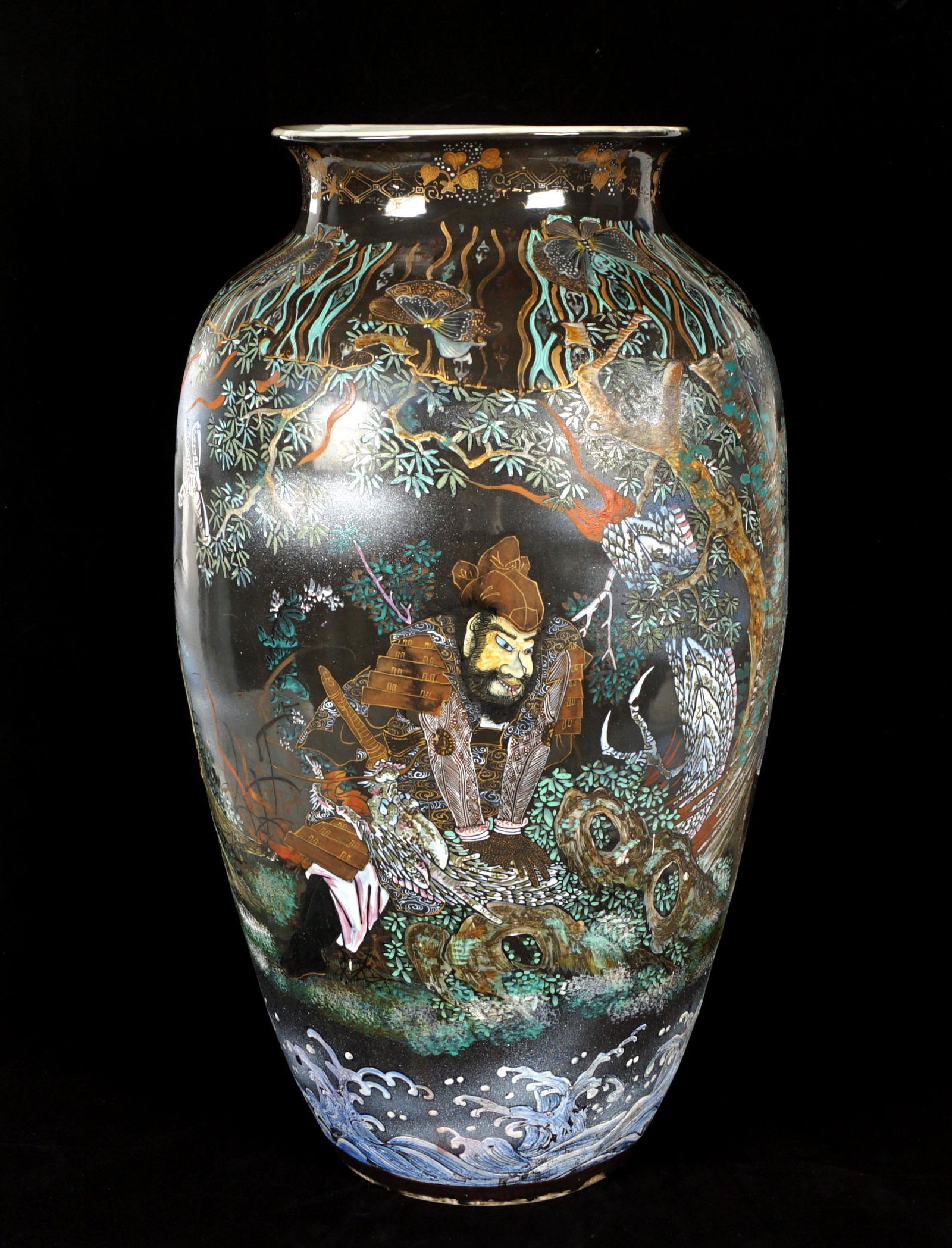 Large Chinese Porcelain Famille Noire Vase: Baluster form famille noire vase featuring warrior, dragons, and butterflies in landscape over crashing waves, unmarked, overall 24.75" x 14".