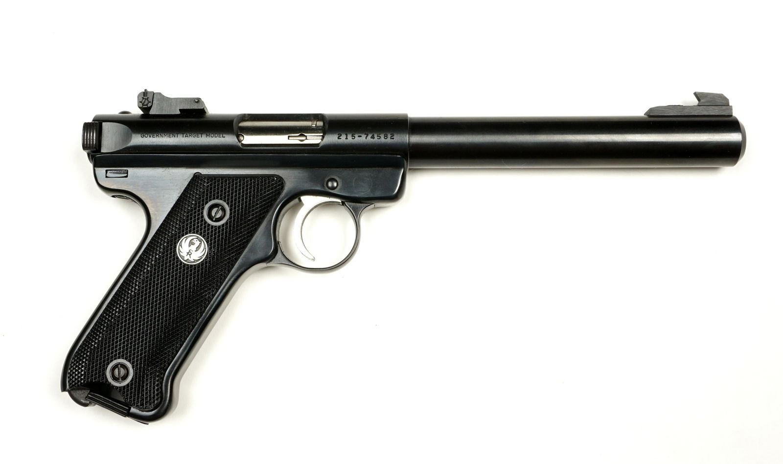 Ruger Government Mark II Target Model .22 Pistol: Ruger Mark II Government Target Pistol, .22 LR caliber 6.75" blued barrel, checkered composite grips, serial number 215-74582 dates to 1990. Overall 11". Condition: Overall excellent, clean and bright