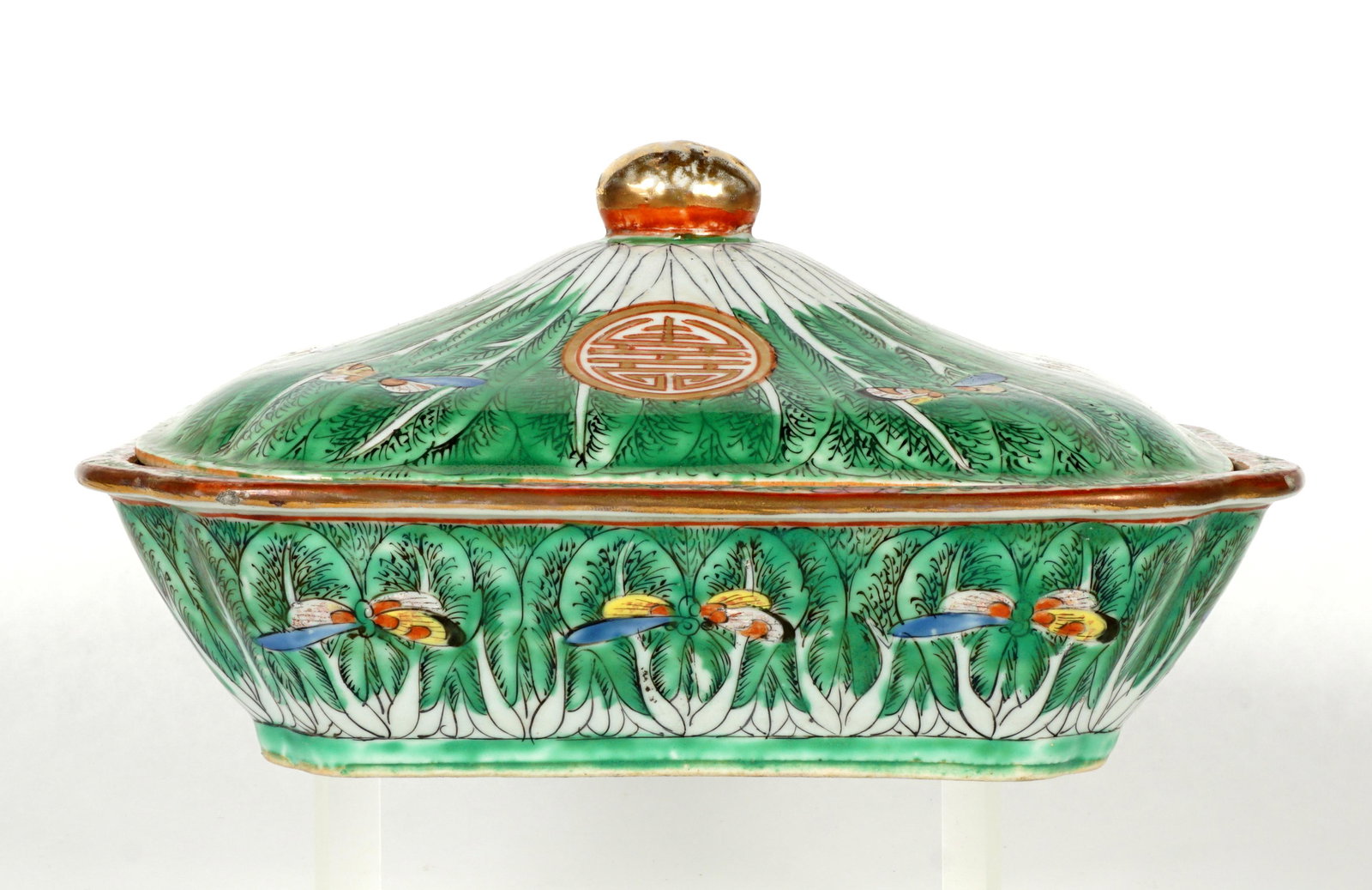 Chinese Bok Choy Covered Vegetable Dish: Covered vegetable dish with bok choy and butterflies decoration, marked on base, overall 5" h. x 9.25" x 8". Lid is slightly ill fitting. Condition: Loss to finial.