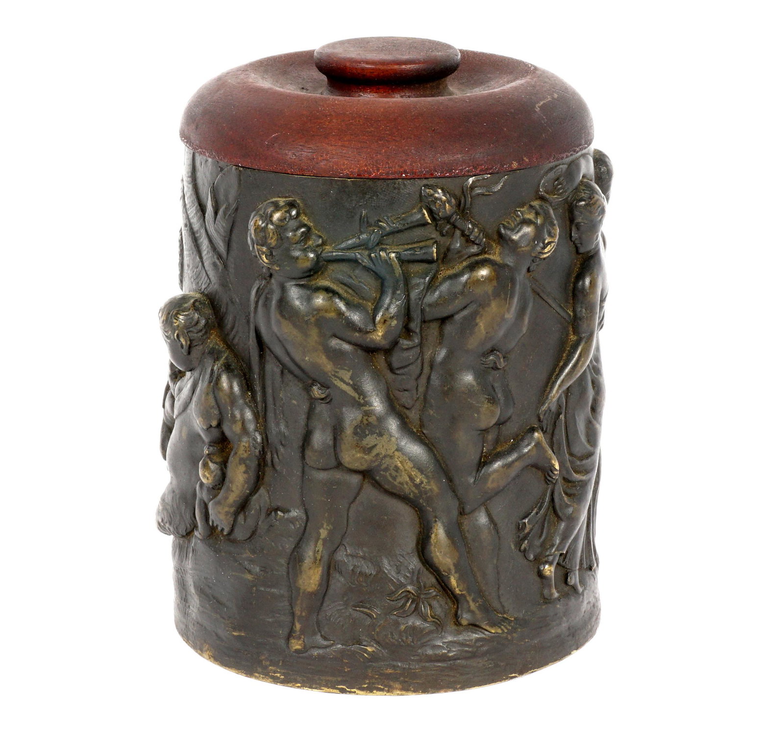 Neoclassical Bacchanalian Bronze Tobacco Jar: Heavy cast patinated bronze neoclassical Bacchanalian motif tobacco jars with humans, satyrs, and monkey figures. Wood lid, overall 6" h. x 4.5".