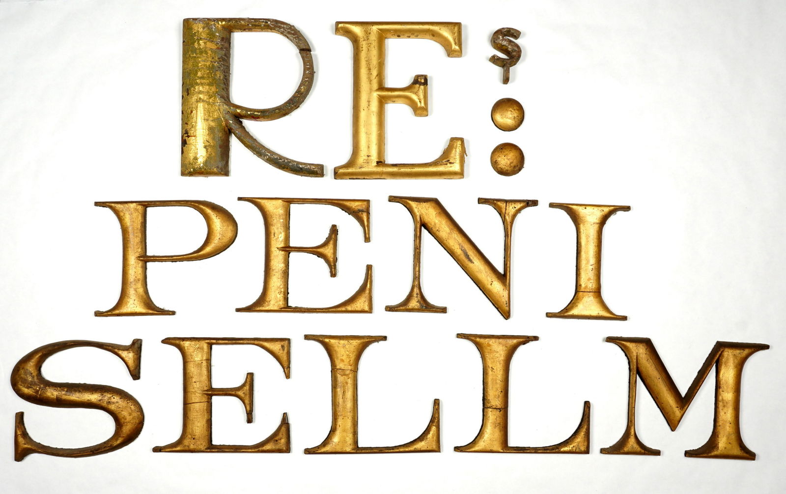 Collection of Antique Gilt Wood Letters / Signage: Late 19th to early 20th Century collection of carved gilt wood letters, periods, and a partial dollar sign. Larger letters 14.5" x 11.5", smaller 10.25" x 13.25". Condition: Varying gilt loss, cracks,