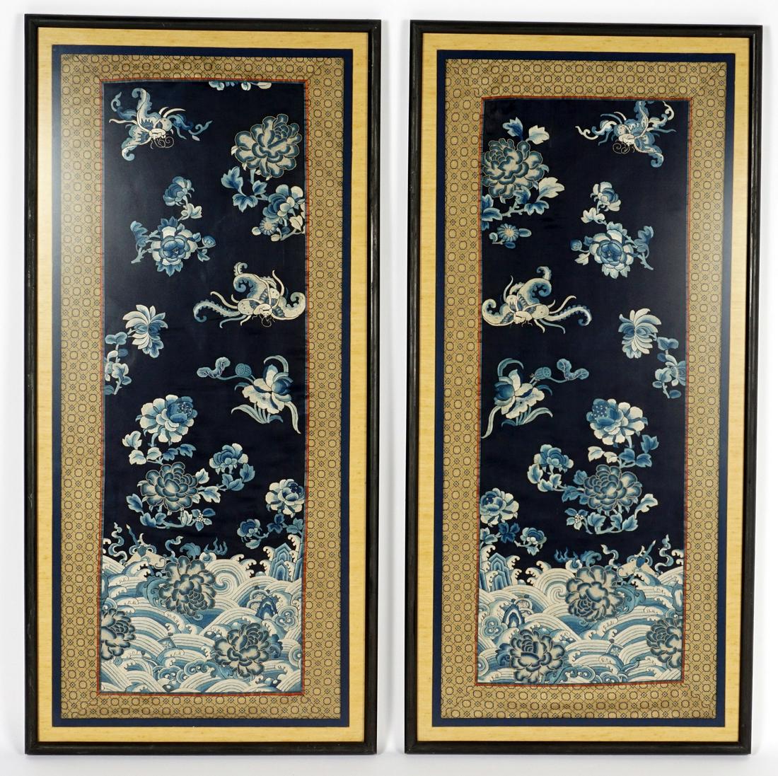 Pair of Chinese Qing Silk Embroidery Panels: 19th Century, each framed panel with figures, animals, foliate decoration and verses. Sight size 9.5" x 3", framed 14" x 7.25". Condition: Toning, not examined out of frame.