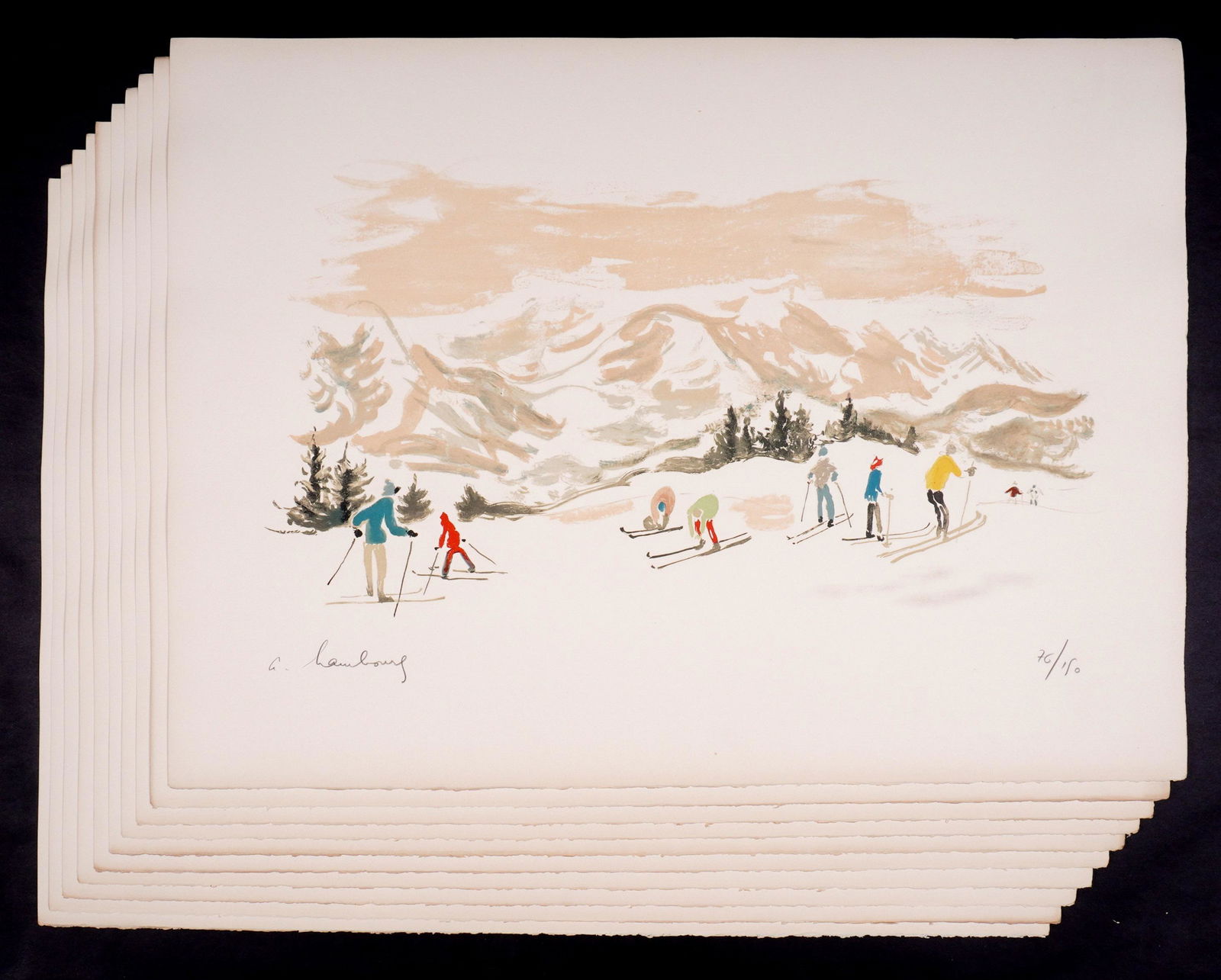 Ten Andre Habourg Les Skiers Lithographs: HABOURG, Andre, (French, 1909-1999): "Les Skiers", Lithograph in colors on Arches paper, pencil signed lower left, from an edition of 150, comprising numbers 76-85, image size 13.5" x 24.5, paper size
