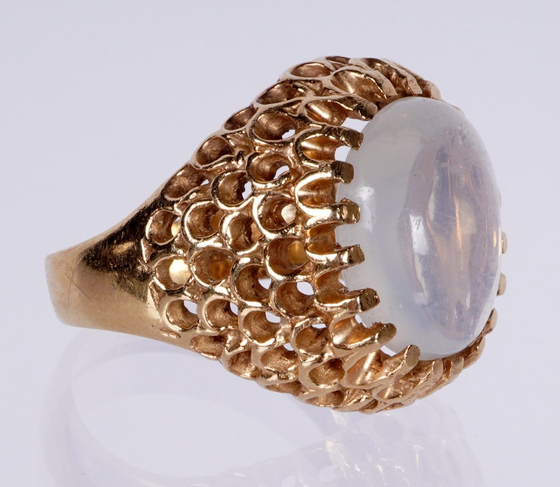 14K Gold Moonstone Ring: 14k yellow gold, filigree sides, approx. 13mm x 11mm moonstone, size 6.5.