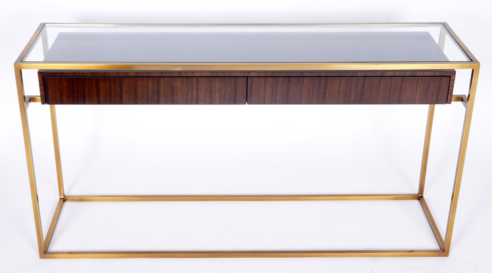 Kennan Glass Brass and Wood Console Table: Kennan two drawer rosewood console table, glass top, brass tube frame. Overall 31" h. x 60" x 16". Condition: Scratches to glass.