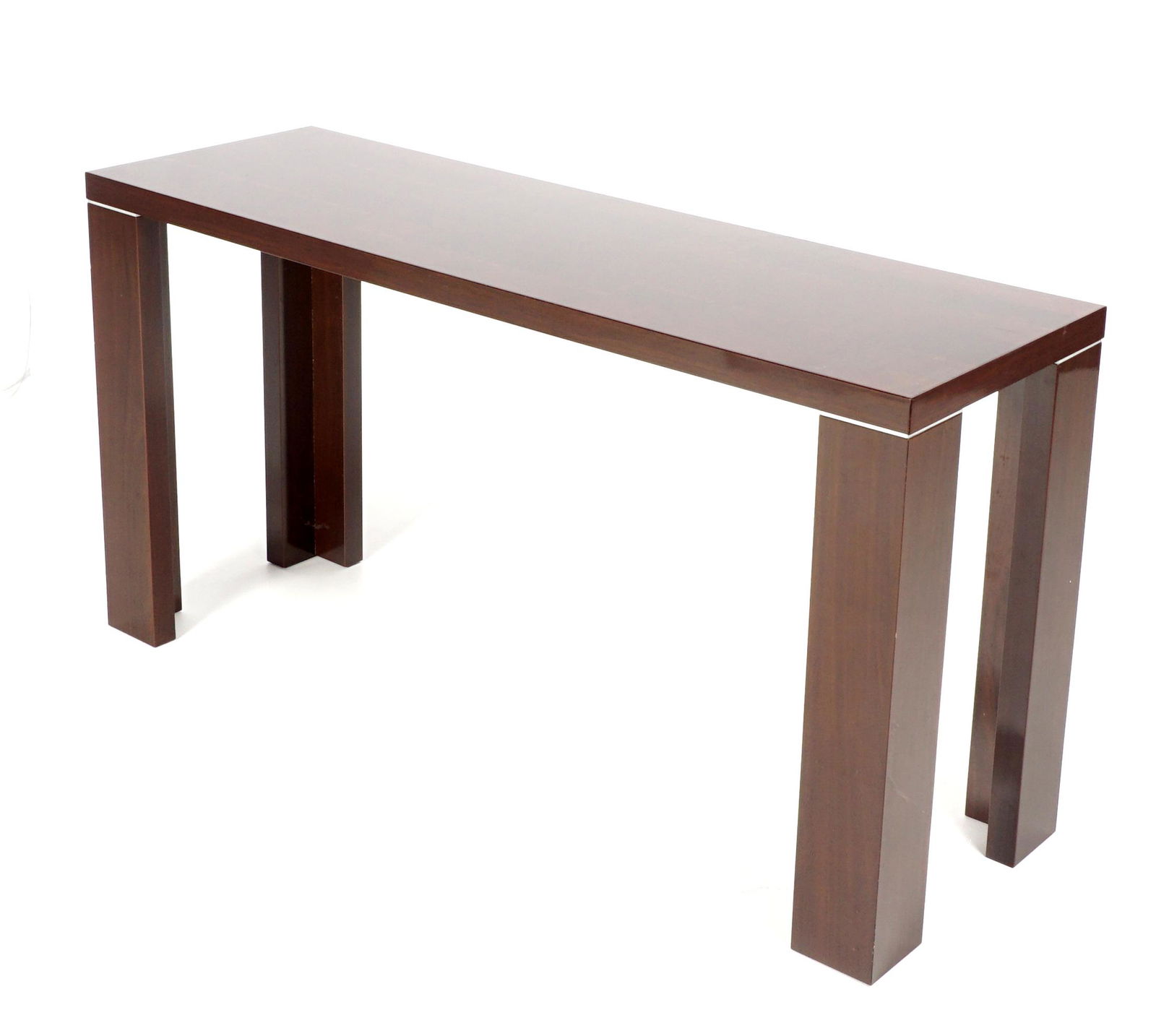 Contemporary Console Table: Banded wood top, on four strait legs, unmarked as to maker, 27.5" h. x 53" x 17".