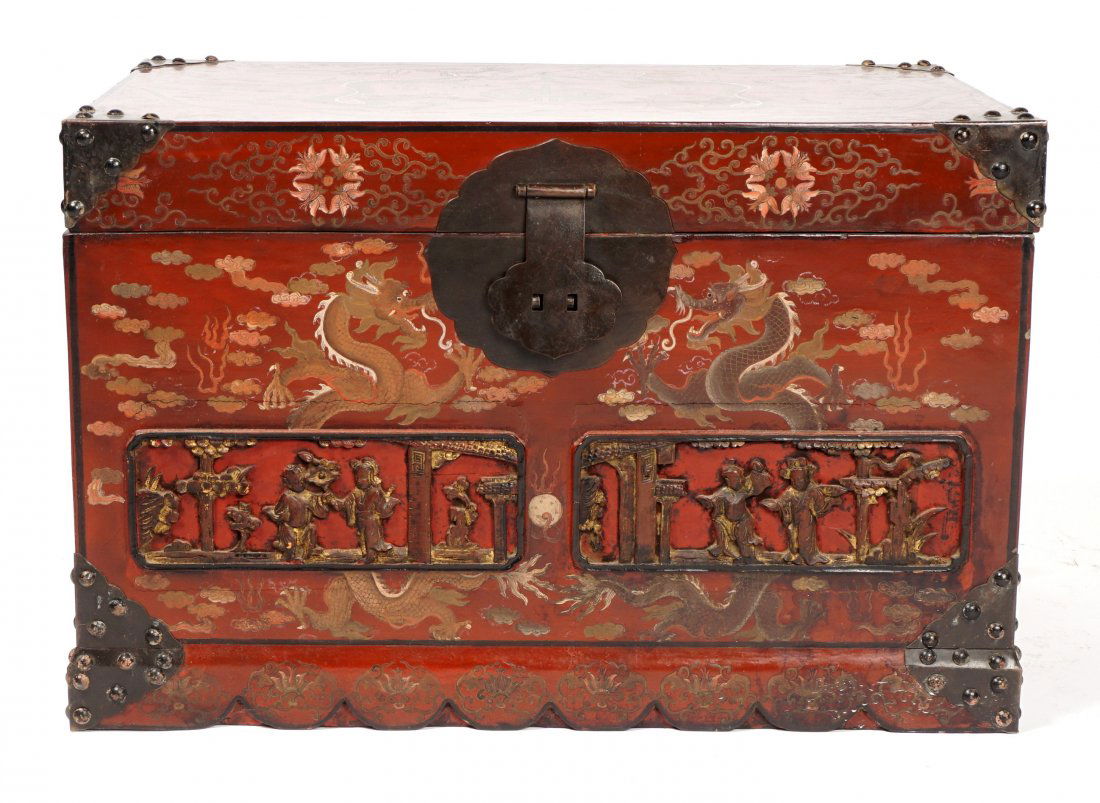Chinese Dragon Paint Decorated Trunk: 20th Century, red ground, paint decorated with dragons, bats, and foliate motifs, applied decoration to front, removable interior shelf, 18" h. x 28.5" x 18.5". Condition: Loose hinges, scratches.