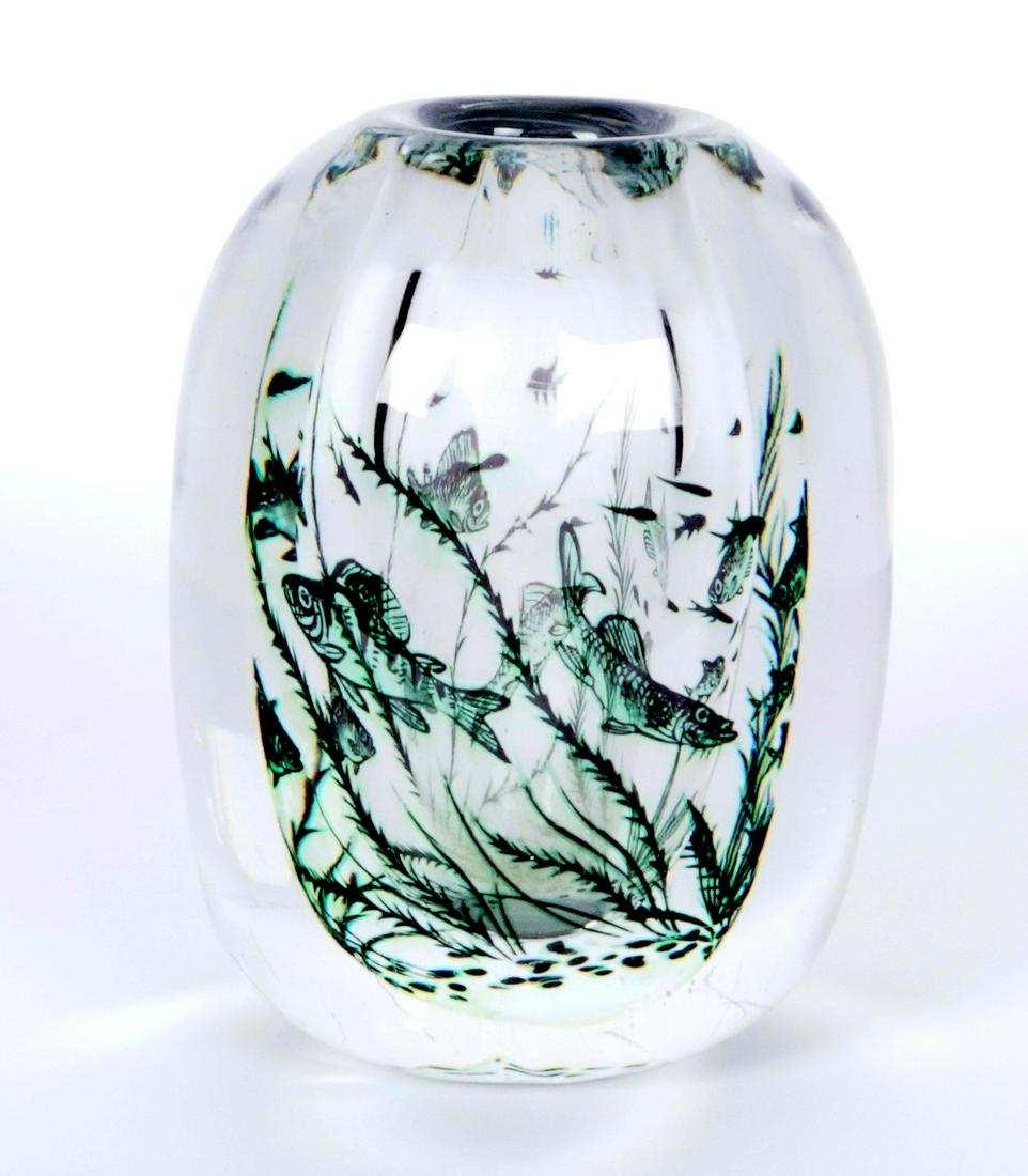 Orrefors Edward Hald Graal Fish Paperweight Vase: Edward Hald for Orrefors, Graal technique cylindrical form vase, green/blue sea scene with fish and seaweed, signed on base, 6.5" h. x 4.75". Condition: Several surface scratches.