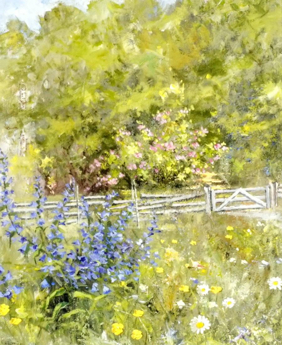 Arvid Ostrom Landscape with Fence Painting: OSTROM, Arvid, (Swedish, 1889-1955): Pasture landscape with fence, Oil/Masonite, signed lower left, partial gallery label verso, 18" x 15", framed 26.5" x 23".