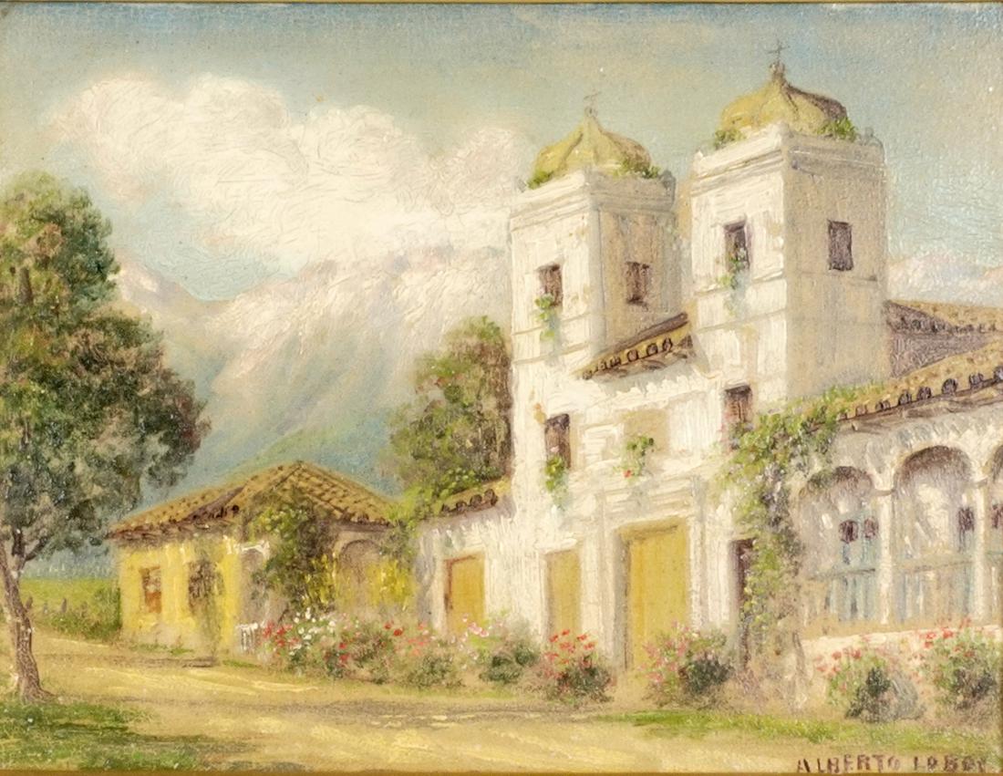 Alberto Lobos Chilean Village Landscape Painting: LOBOS, Alberto, (Chilean, 1892-1925): Street and landscape scene from a Chilean village, Oil/Canvas, signed lower right, 12 "x 16", 18.5" x 22". Condition: Craquelure.