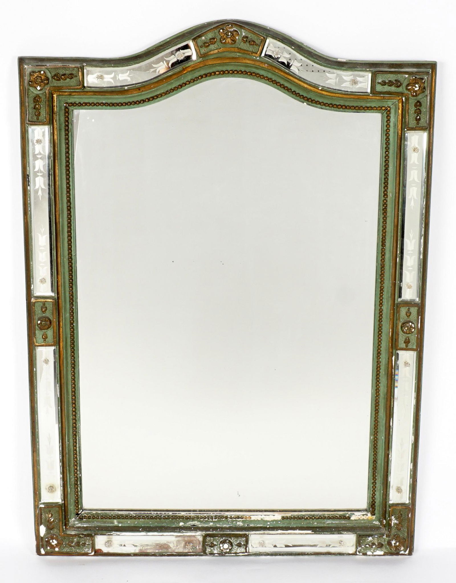 19th Century French Wall Mirror: Shaped top, carved green paint decorated frame with etched mirrored panels, fitted mirror. Overall 39.75" h. x 39.25" x 2". Condition: Loss of paint, spots to mirror.