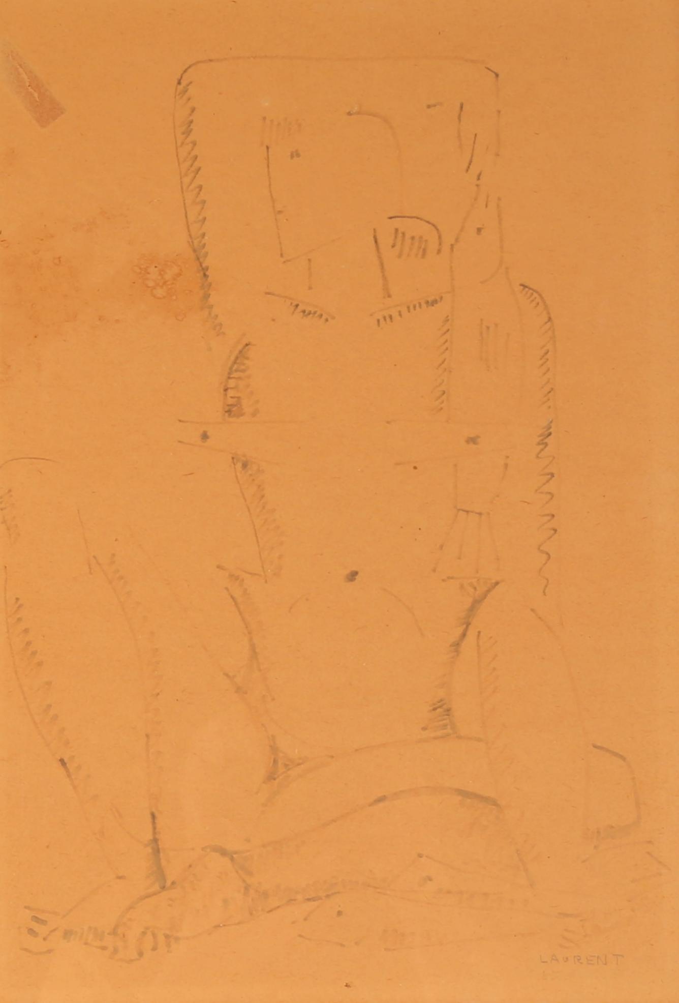 John Louis Laurent Nude Woman Drawing: LAURENT, John Louis, (American, 1921-2005): Stylized figure of a nude woman holding a fish, Charcoal/Graphite/Paper, pencil signed lower right, 15.25" x 10.5", framed 22.25" x 16.25". Condition: Tonin