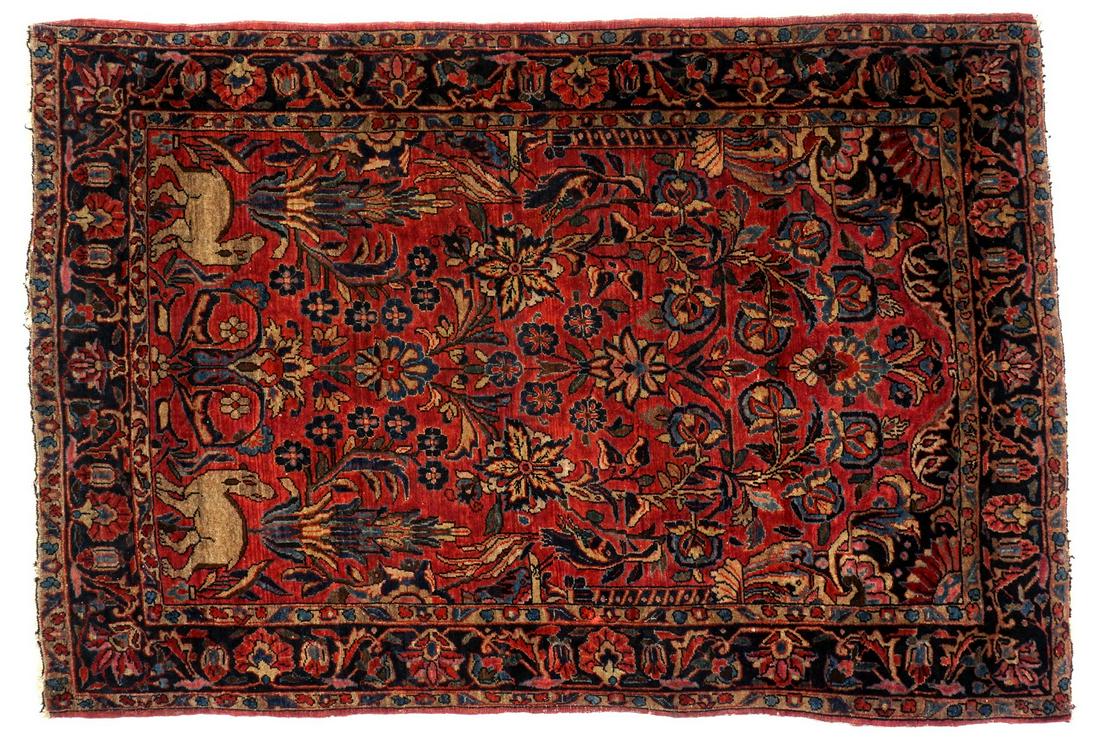 Semi Antique HK Wool Sarouk Rug with Animals: Burgundy ground, foliate motif with dogs and birds of paradise, hand knotted wool, overall 3'5" x 5'. Condition: Fraying to edges.
