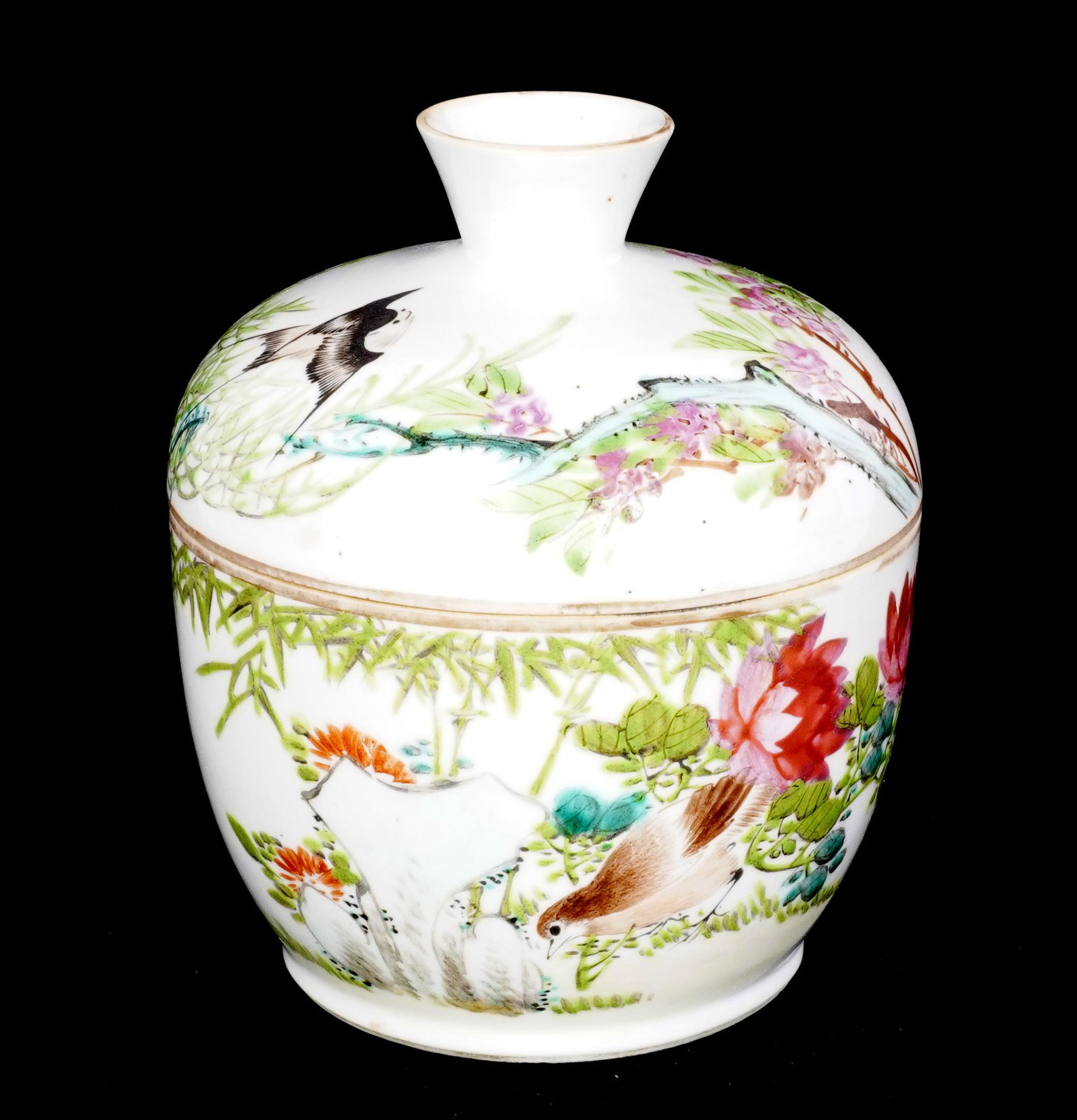 Chinese Covered Porcelain Bowl: Floral motif lidded bowl, with flowering branches and birds motif, verses, red stamp on base. Overall 5.75" h. 5" dia. Condition: Rim chip.