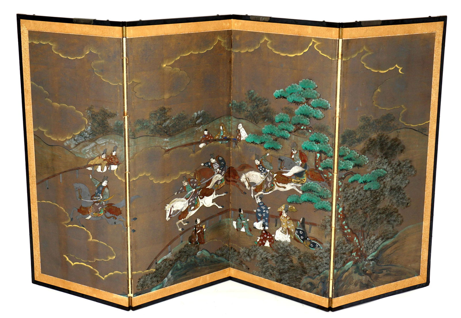 Japanese Four Panel Chinese Screen: Diminutive four panel screen, hand painted on silk scene depicting a reenactment of a battle with observers, each panel 40.25" x 17.75". Condition: Minor loss of decoration.