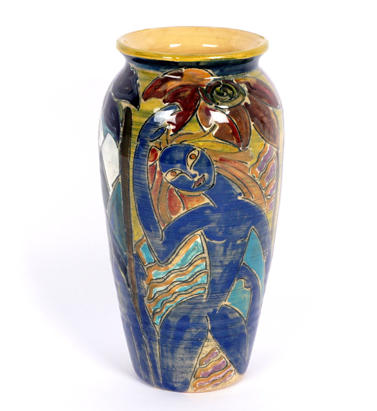 Shearwater Pottery Nudes Carafe: 2011 Carafe thrown by Peter Wade Anderson, nude figures and foliate motif decorated by Patricia Anderson Findeisen, impressed Shearwater mark, incised PWA, 11, D/P, 9.25" h. x 4.5". Crazing.