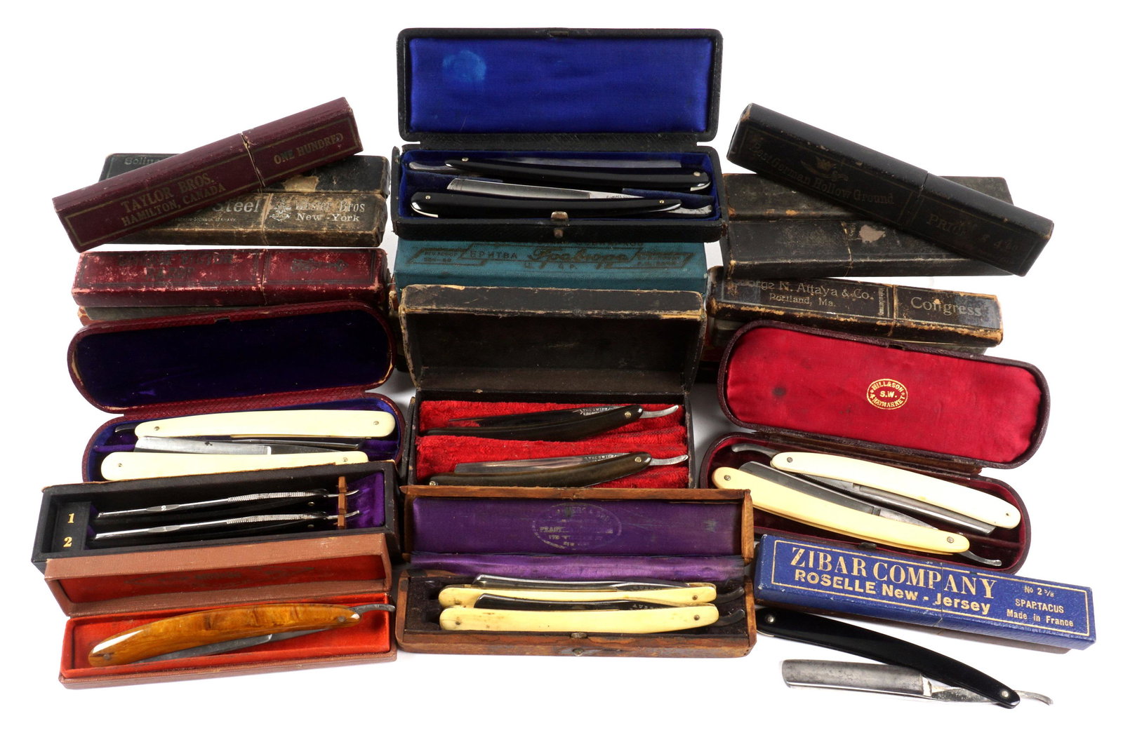 Collection of 34 Straight Razors: An assembled of 34 straight razors many with boxes. Please note exterior box does not necessarily reflect razor inside, many are marriages. Makers to include Aubril, Cornwall, Kastor & Bro's, Wilkens,