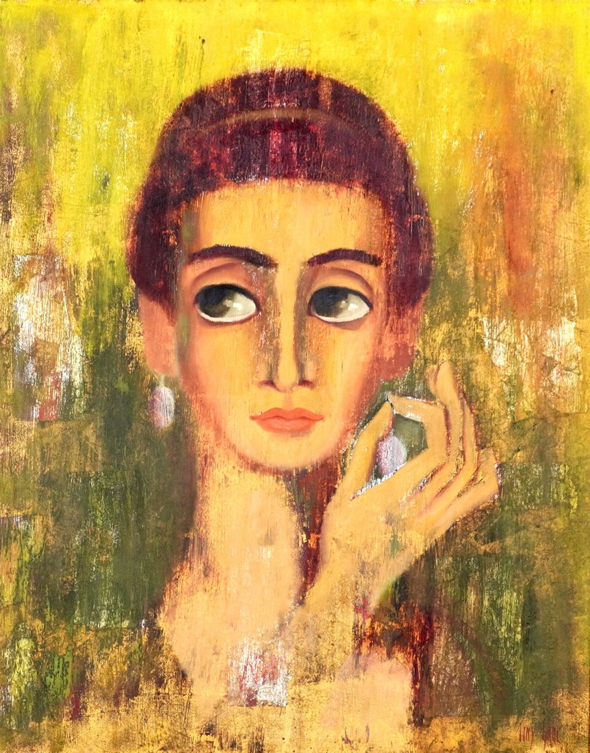 Antonius Grol Woman with Pearl Earrings Portrait: GROL, Antonius Tony, (American, 20th Century): Mid century portrait of a woman with pearl earring, Oil/Board, signed lower right, 25.5" x 20", framed 39.5" x 33.5".