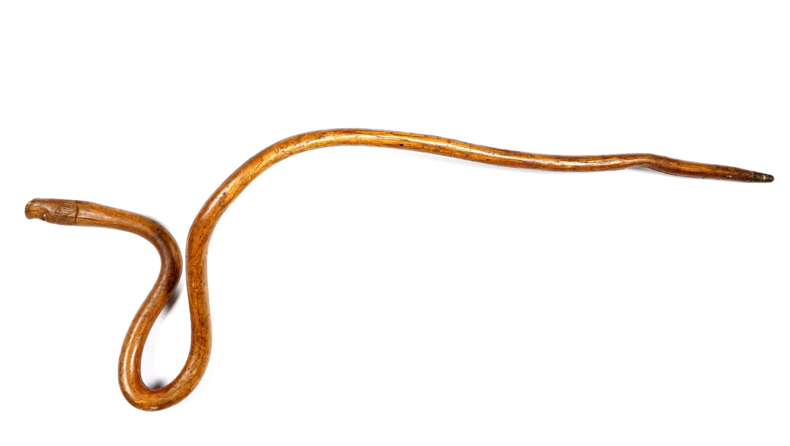 American Dog Head Carved Root Cane: Natural formed root wood walking stick, carved dog head upturned handle, metal tip, overall 38.5" h. 13" at bends. Condition: Several age splits.