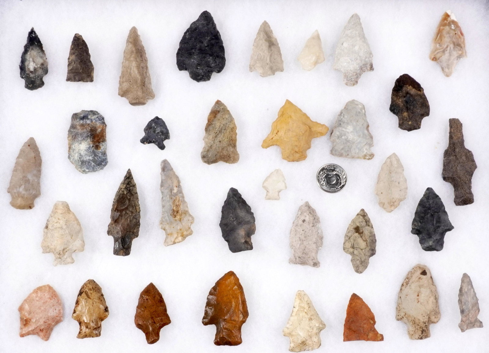 Large Collection of Field Grade Points: An assembled collection of approx. 172 points, assorted sizes and construction, longest (with repair) measures 5..75". In four 12.25" x 18.25" Riker mounts.