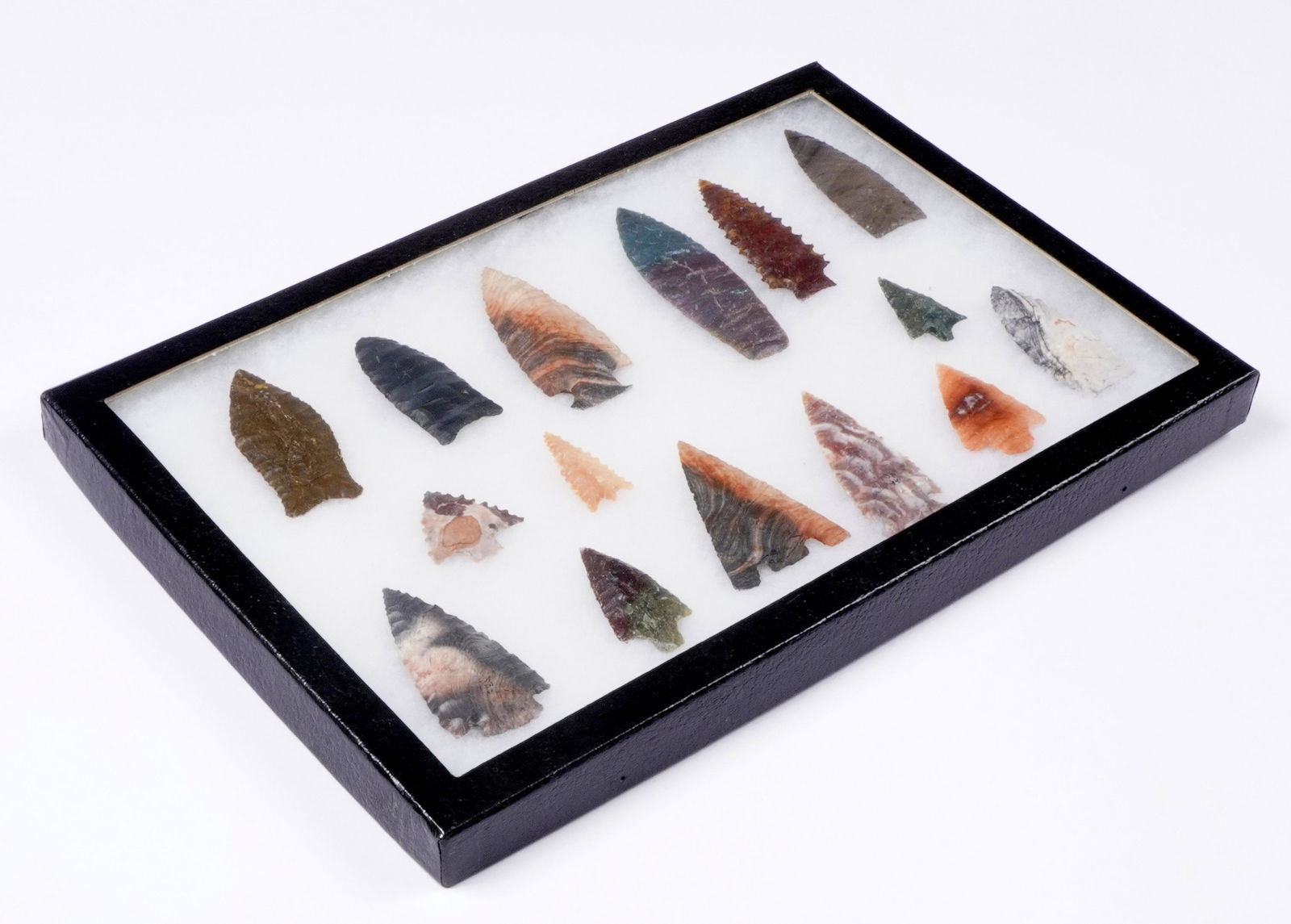 Group of Nice Reproduction Archaic Points: Collection of 15 well executed reproduction points. Sold in a Riker mounts, 12.25" x 8.25".