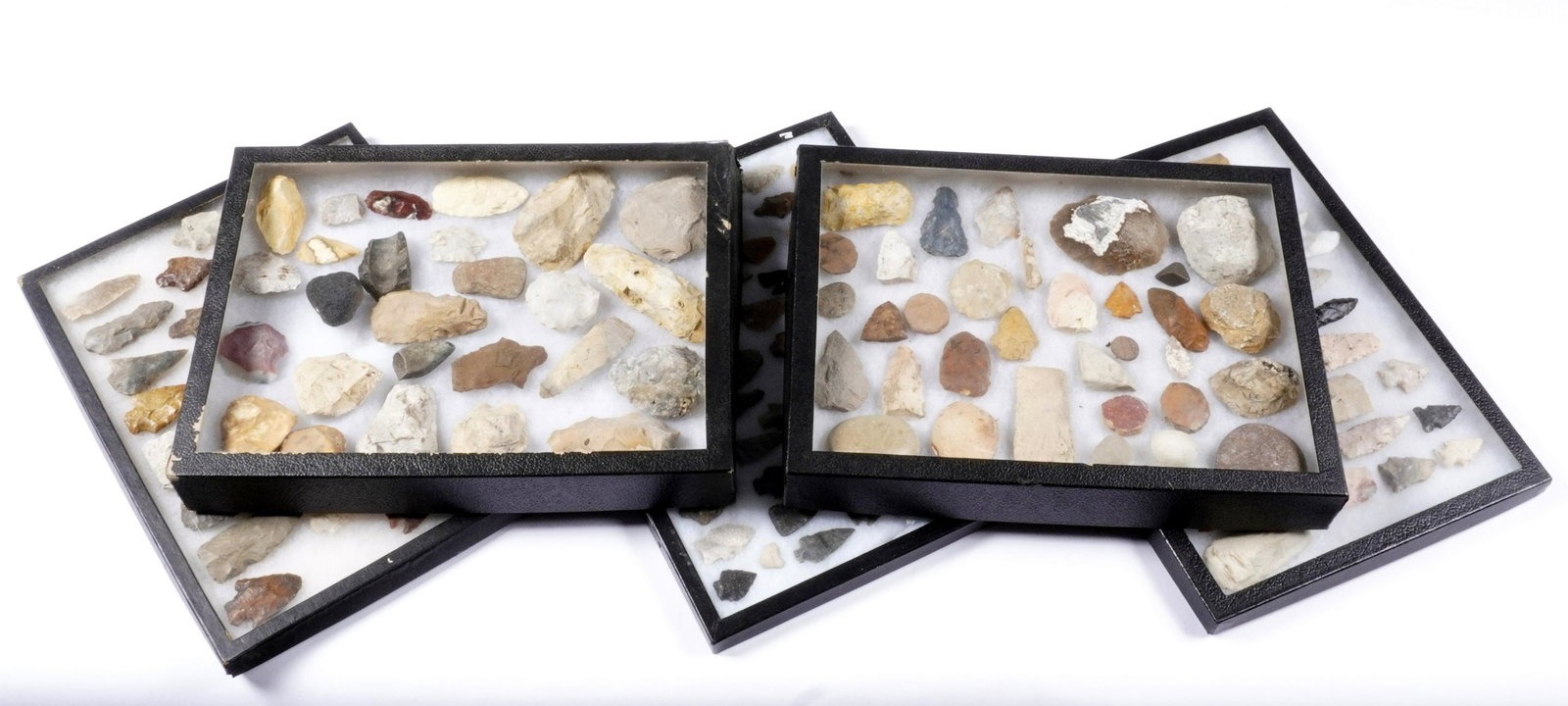 Large Collection of Points, Scrapers, and Pieces: An assembled collection of approx. 187 pieces total to include points, scrapers, preforms, and other finds. Varying size and construction, sold with five Riker mounts, 16.25" x 12.25".