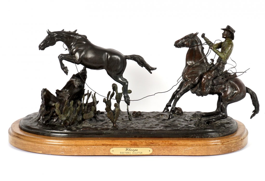 Bob Parks Whoops Oh Shit Bronze Figural Group: PARKS, Bob, (American, 1948-2017): "Oh Shit" "Whoops" , bronze figure group with an escaping bronco, signed and numbered 7/20, affixed to wood base, plaque on either side, overall 13" h. x 28.5" x 11"