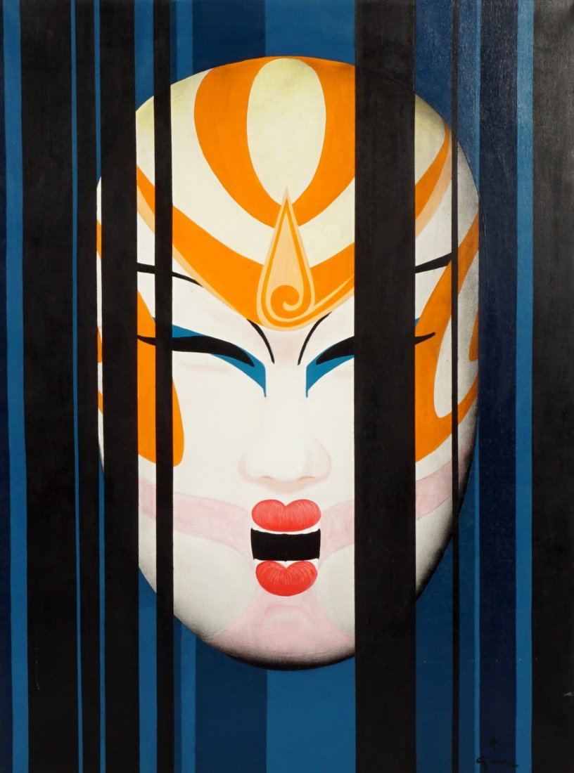 Rene Gruau Le Masque Secret Original Painting: GRUAU, Rene, (French, 1909-2004): "Le Masque Secret", from the Japonismes Series "Masques", Oil/Canvas, signed lower right; signed again, dated 76, and titled verso, 49.25" x 37.75", framed 50.75" x 3