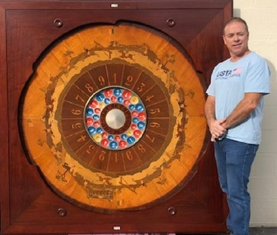 J. A. Jost et Cie French Inlaid Boule Game Table: Early 20th Century, large mahogany game table for the French game of Boule, similar to roulette. Aluminum center with polychrome pockets, inlaid numbers 1-9 repeating, bordered with marquetry inlaid h